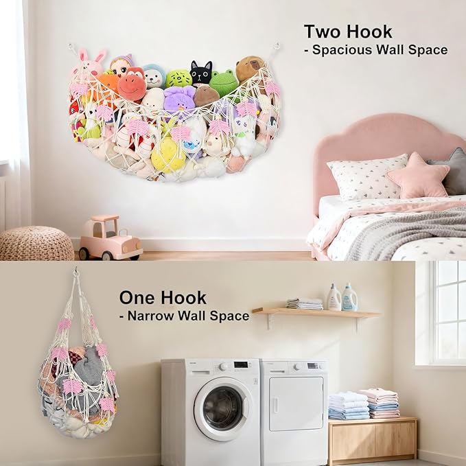60"Stuffed Animal Net or Hammock for Stuffed Animal Storage,Flat Wall Mounted Hanging Net Organizer for Kids Plush Toys,Space-Saving Wall Storage with Hooks,Durable Mesh for Nursery & Playroom (White)