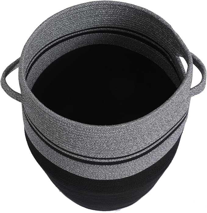 26" x 20" Handcrafted Tall Cotton Rope Basket with Lid, Stylish Flagon Shape with Cover, Clothes Hamper with Top, for Bedroom and Living Room, Grey Mix/Black