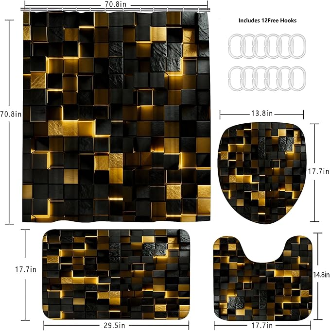 4Pcs Black and Gold Shower Curtain Set 3D Cubes Bathroom Sets Modern Shower Curtain Set for Bathroom Sets with Rugs and 12 Hooks