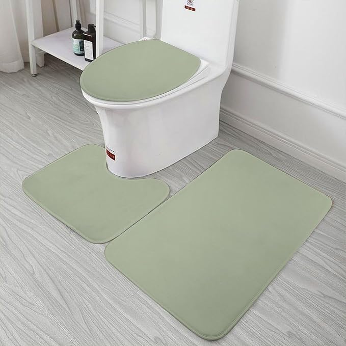 3 Pieces Bath Rug Sets, Sage Green Trend Color Bathroom Mat Set Non Slip U Shaped Contour Rug & Toilet Lid Cover