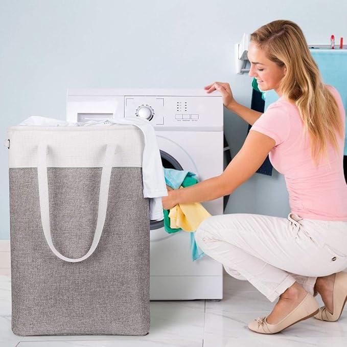 i BKGOO Laundry Basket with Handles white&Grey Coffee-Slim Laundry Bin Collapsible Dirty Clothes Basket Narrow Laundry Bag Foldable Dirty Hamper for Camping, Dorms, Apartments