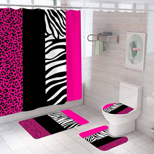 4PCS Hot Pink Leopard Print Shower Curtain Sets With Rugs, Waterproof Fabric Shower Curtain, Black and White Zebra Cheetah Print Wildlife Safari Animal Skin Stripe Fashion Women Bathroom Decor