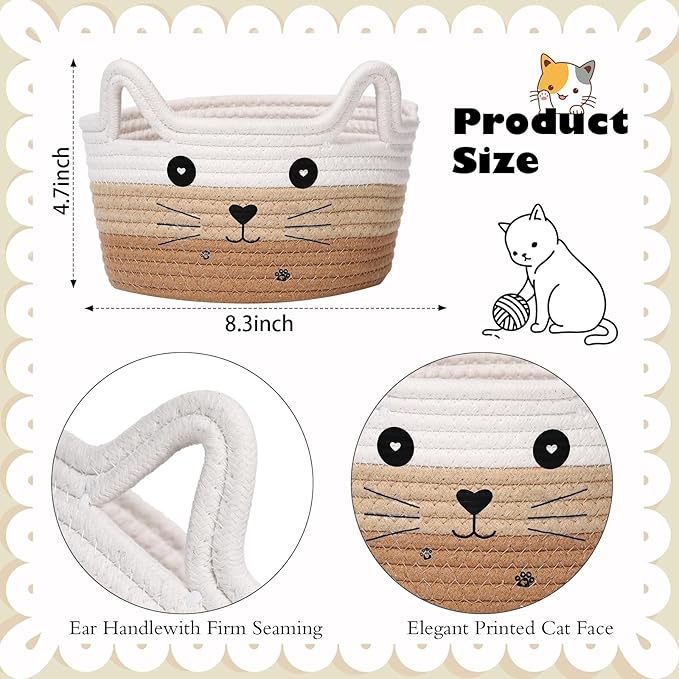 Zopeal Cat Basket Storage Woven Organizer with Ears Christmas Decorative Pet Toy Cute Cotton Rope Basket for Gift Cat Dog Toy Bin Nursery Room(8.3 x 4.7 Inch,White Khaki Brown)
