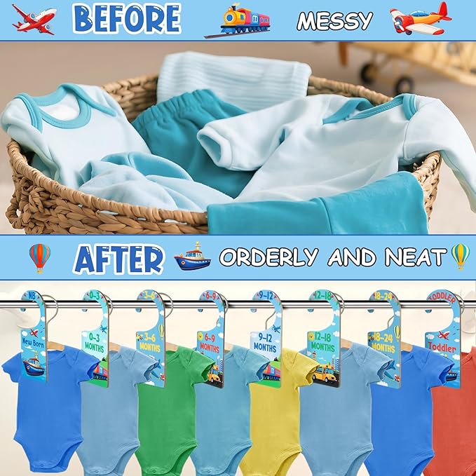 Baby Closet Dividers 8PCS, Transportation Themed Wooden Double-Sided Clothes Size Hanger/Organizer from Newborn to Toddler for Nursery Decor Baby Shower Birthday Gender Reveal Party Gift
