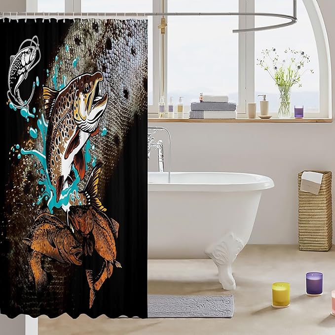 3D Bass Fish Scale Shower Curtain for Bathroom - Kids, Teens, Adults, Men Room Decor - Animals Fishing Waterproof Black Brown Bath Curtain With 12 Hooks, 72" W x 78" L