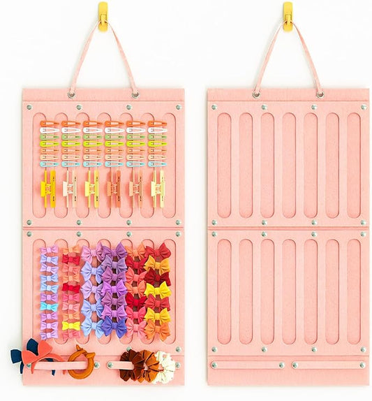 Bow Holder for Girls Hair Bows, Hair Accessories Organizer for Toddler Kids Baby Girl, Hanging Hairbow Storage Organizer Hanger Rack for Hair Stuff, Nursery Room Decor for Wall Door, Pink