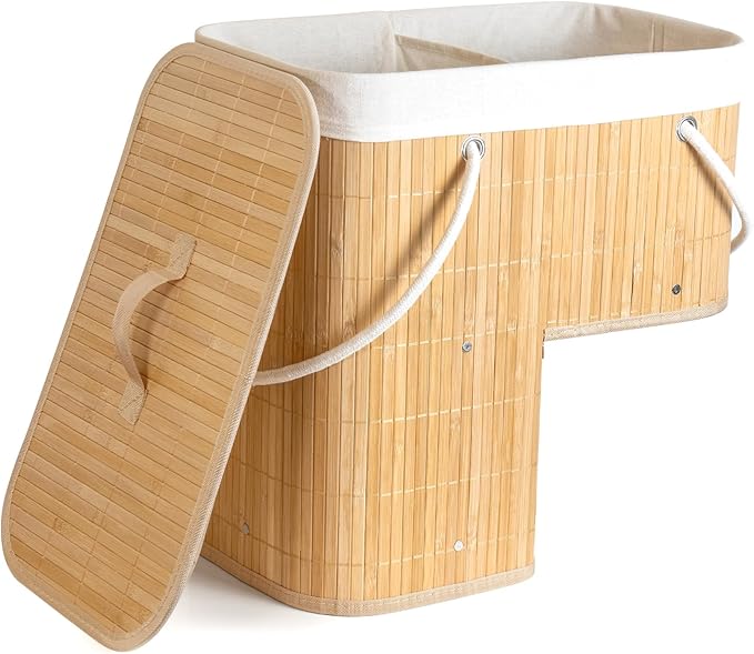 Stair Basket with Lid & Handle – Staircase Storage Basket for Wooden & Carpeted Stairs, Foldable Step Baskets for Stairs, Bamboo Storage Bin Organizer for Toys, shoes & Books (Natural Bamboo)