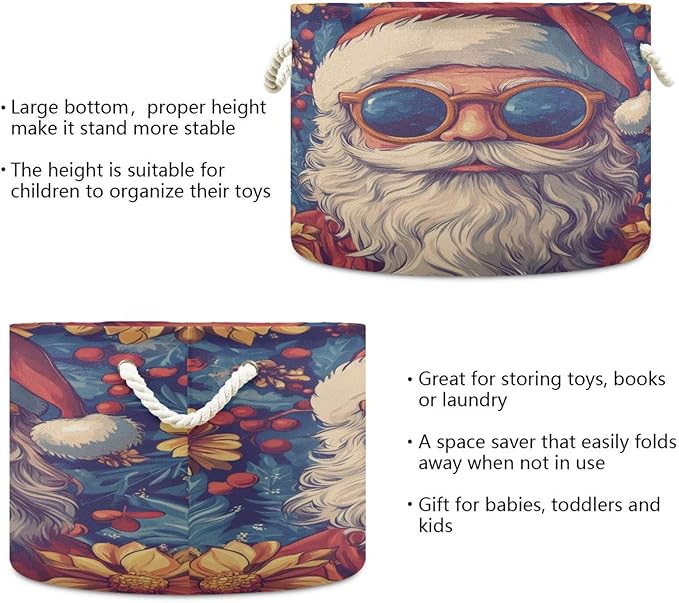 Blanket Storage Basket for Living Room - Hippie Santa Claus Large 20"x20"x14" Cotton Rope Handles Laundry Basket, Foldable for Toy Storage, Blanket Basket
