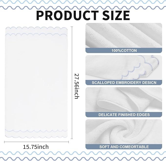 100% Cotton Hand Towels for Bathroom 4 Pcs Scalloped Hand Towels 16 * 27 Inch Embroidered Decorative 600 GSM Soft Absorbent Bath Towel for Spa Yoga Hotel Sport (Blue)