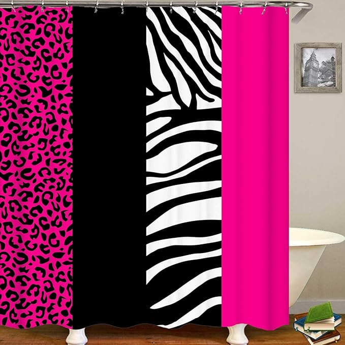 4PCS Hot Pink Leopard Print Shower Curtain Sets With Rugs, Waterproof Fabric Shower Curtain, Black and White Zebra Cheetah Print Wildlife Safari Animal Skin Stripe Fashion Women Bathroom Decor