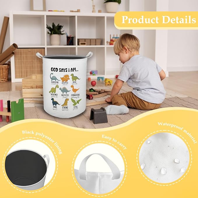 God Say I Am Dinosaur Nursery Laundry Basket, Toybox for Boys Room, Christian Laundry Basket Hamper Waterproof Collapsible Clothes Toys Storage Bin Organizer for Bedroom Bathroom Kids Room Dorm