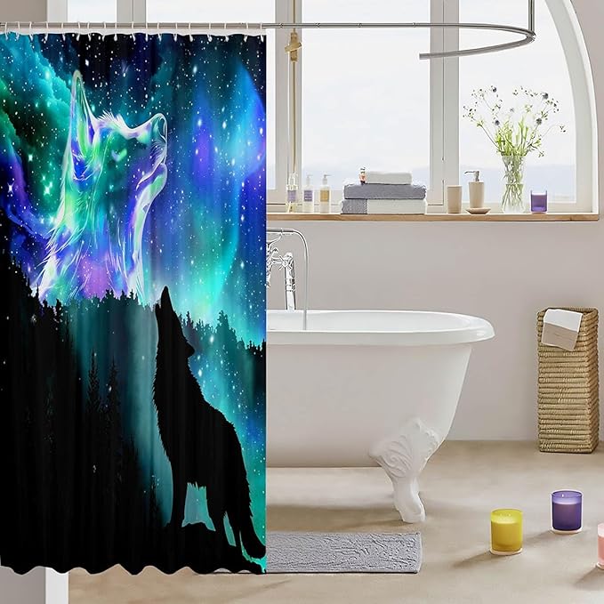 Howling Wolf Bathroom Shower Curtain Set Galaxy Wolf Shower Curtain Northern Light Bath Curtain for Kids Boys Girls Starry Sky Aurora Wild Animal Waterproof Bathroom Curtains with Hooks 72x72 Inch