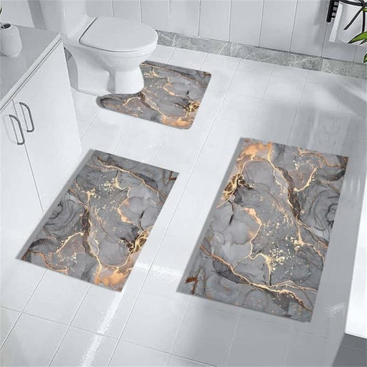Grey Gold Marble Bathroom Mats Rugs Sets 3 Piece, Abstract Bath Mat Quick Dry Thin Rubber Back Diatomaceous Earth Rugs with U-Shaped Contour Toilet Mat for Bathroom Decor Floor Shower Room