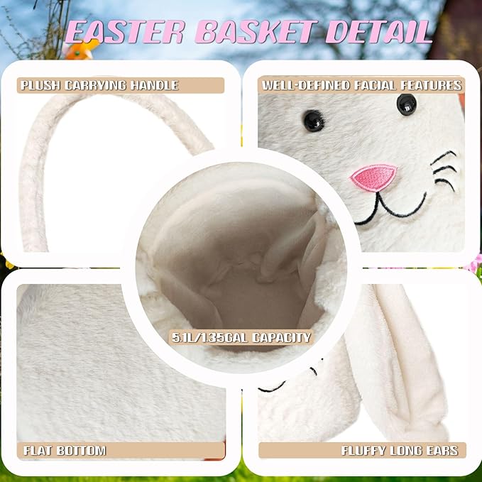 Easter Bunny Basket for Kids, Fluffy Easter Egg Hunt Bag Soft Fabric, Cute Rabbit Tote Bags with Long Plush Ear Easter Tote Bags for Candy Gifts Storage (White)