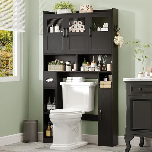 Over The Toilet Cabinet,Farmhouse Toilet Cabinet Rack with 3 Acrylic Doors and Adjustable Storage Shelf,Space Saving Bathroom Organizer with Toilet Paper Holder Stand for Restroom, Laundry，Black
