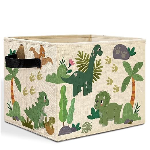 Tropical Dinosaur Storage Bins Box with Handles, Sage Green Plant Nursery Laundry Basket Hamper Collapsible Clothes Toys Organizer for Kids Boys Room Nursery Playroom Bathroom