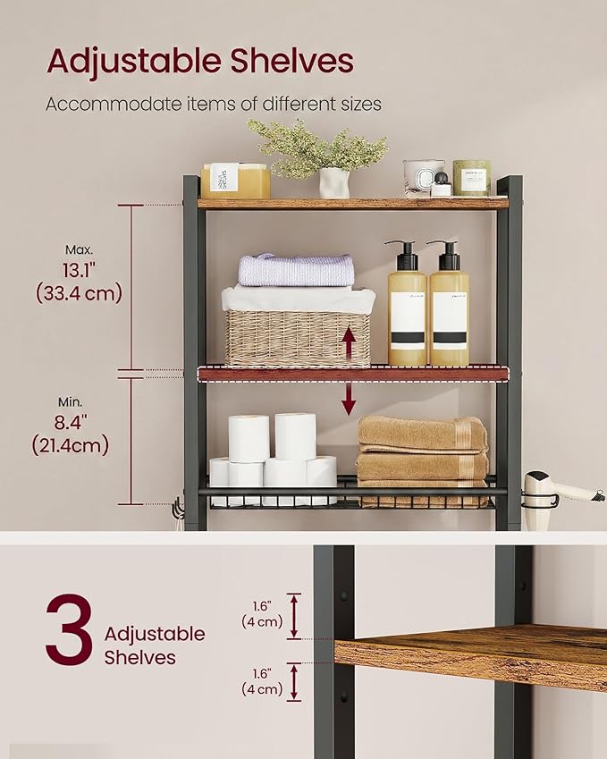 VASAGLE Over The Toilet Storage, Over Toilet Bathroom Organizer with Adjustable Shelves and Basket, 3 Hooks, Space Saving, 9.4 x 23.6 x 63 Inches, Rustic Brown UBTS113KD01S