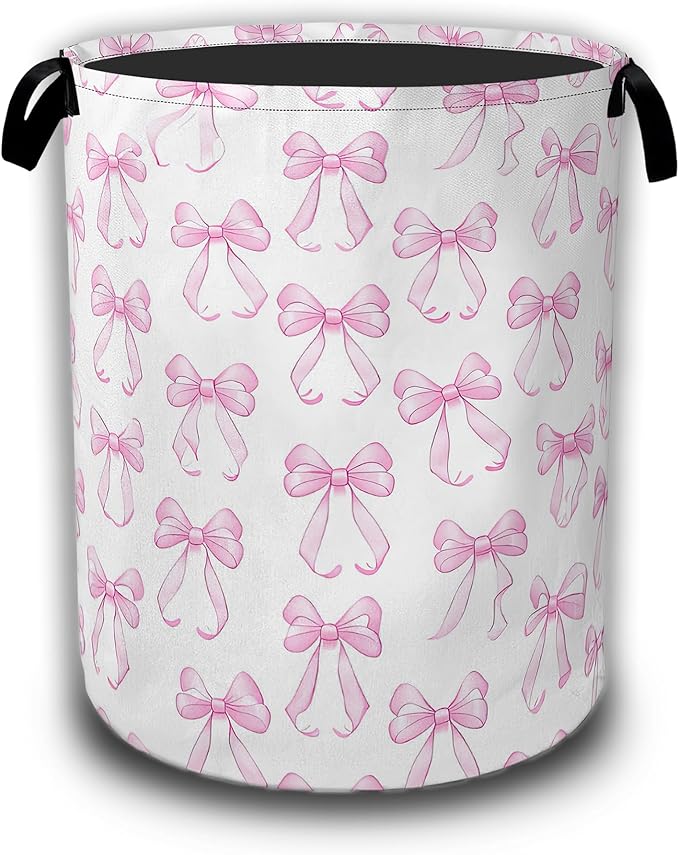 Pink Bow Laundry Hamper,Laundry Baskets,Waterproof Oxford Cloth Toy Storage for Bedroom,Bathroom,Nursery,16x20.8 Inch