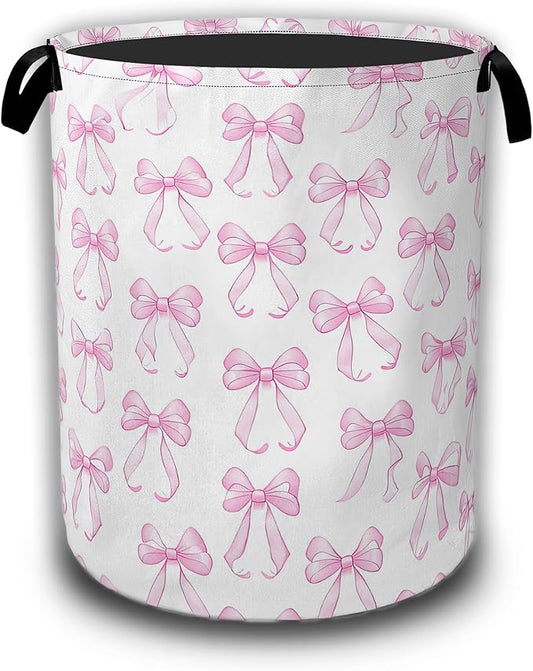 Pink Bow Laundry Hamper,Laundry Baskets,Waterproof Oxford Cloth Toy Storage for Bedroom,Bathroom,Nursery,16x20.8 Inch