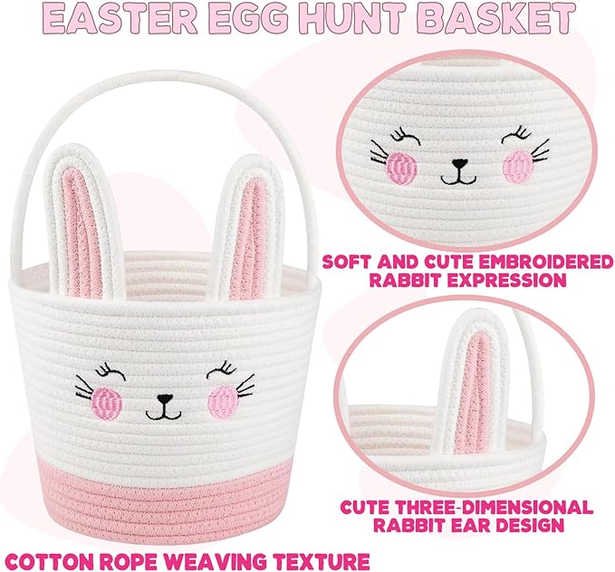 Easter Bunny Basket with Handle, Large Capacity Easter Egg Fillable Basket with Name Tag, Rabbit Ear Rustic Bunny Baskets Party Decoration Supplies