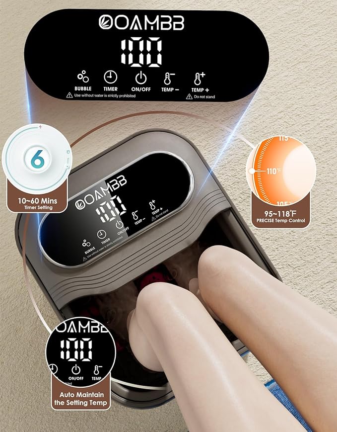 Collapsible Foot Spa with Heat, Bubble and Temp Control, Foot Bath Massager with XL Touch Screen and Massage Rollers, Foot Soaking Tub, Pedicure Foot spa for Stress Relief (Dark Grey +Green)
