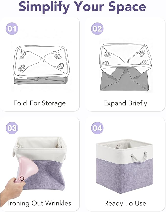 12x12 Storage Cube Bins, 6 Pack Reinforced Bottom Cardboard Foldable Box, Organizer for Closet Shelves, Heavy Home Storage Baskets (White Purple)