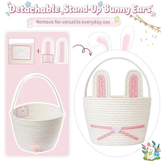 Easter Basket, Easter Bunny Basket with Removable Ears Woven Easter Egg Hunt Basket First Easter Gift Baskets Empty Easter Baskets Essentials Easter Bucket for Girls Boys Teens (Pink White)