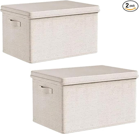 Large Collapsible Fabric Storage Bins with Lids (2-Pack) - 17.5x12x11.5 Inch Cotton Linen Organizers, Foldable Closet & Bedroom Storage Baskets with Handles, Off-White