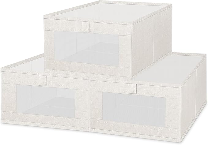 3 Pack Linen Storage Bins with Clear Window - Foldable Fabric Closet Organizer Shelf Baskets for Clothes, Toys, Towels, Jeans, Books, Shelves, 16"x11"x7" (Beige)
