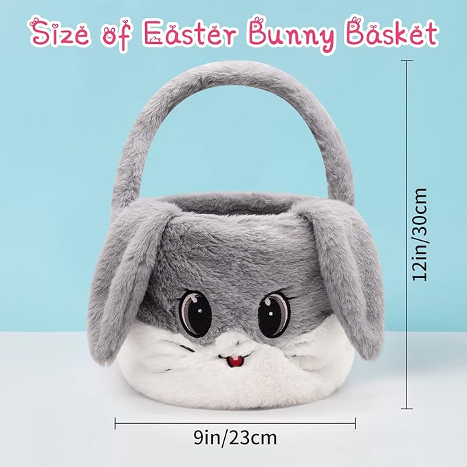 Easter Basket for Kids, Gray, Plush, Round, Cute Modern Rabbit-Shaped with Handle, Perfect for Easter Egg Hunting, Storage, and Decoration