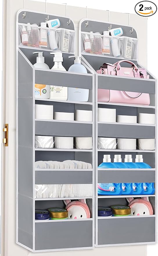 2 Pack Over the Door Organizer with 4 Large Capacity Pocket, 55lb Load Heavy Duty Kid's Room Organizer for Diaper Toys Behind Door Hanging Organizers for Bathroom Nursery Baby Closet Organizer