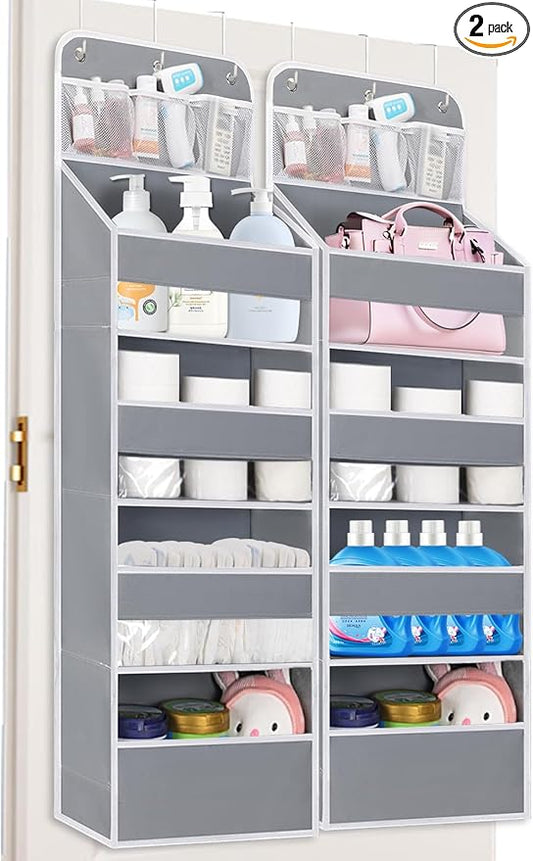 2 Pack Over the Door Organizer with 4 Large Capacity Pocket, 55lb Load Heavy Duty Kid's Room Organizer for Diaper Toys Behind Door Hanging Organizers for Bathroom Nursery Baby Closet Organizer