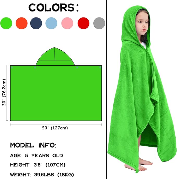 Hiturbo Kids Hooded Bath Towel: Soft Plush Pool Beach Fleece Towel Blanket - 50"x30" Toddler Towels Wrap for Boys Girls 3-12 Years (Green)