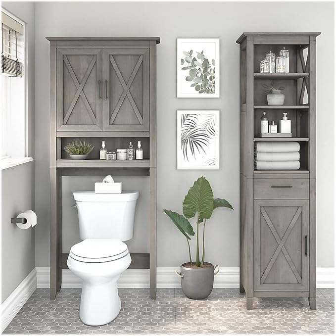 Bush Furniture Key West Tall Linen Cabinet and Over The Toilet Storage Cabinet in Driftwood Gray