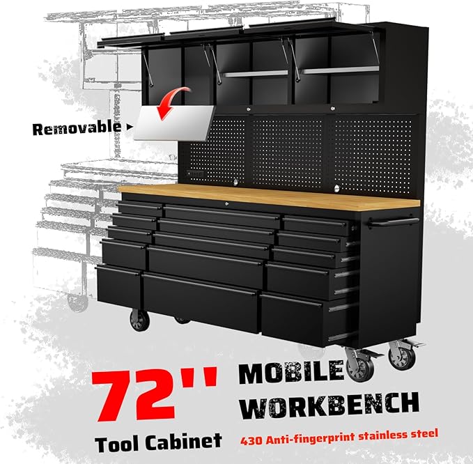 SINDA 72-inch Rolling Tool Cabinet Mobile Workbench Tool Chest with 15 Storage Drawers, Wheels, 3 Uper Cabinet, Outlet, SS Pegboard Black