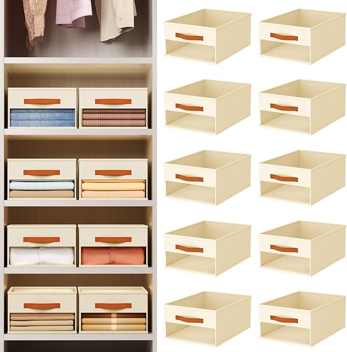 Closet Organizers and Storage - 10 Pack Storage Bins Baskets for Organization Foldable Closet Organizer with Clear Window & Handles for Clothes, Toys, Towels, Small Essentials (Beige)