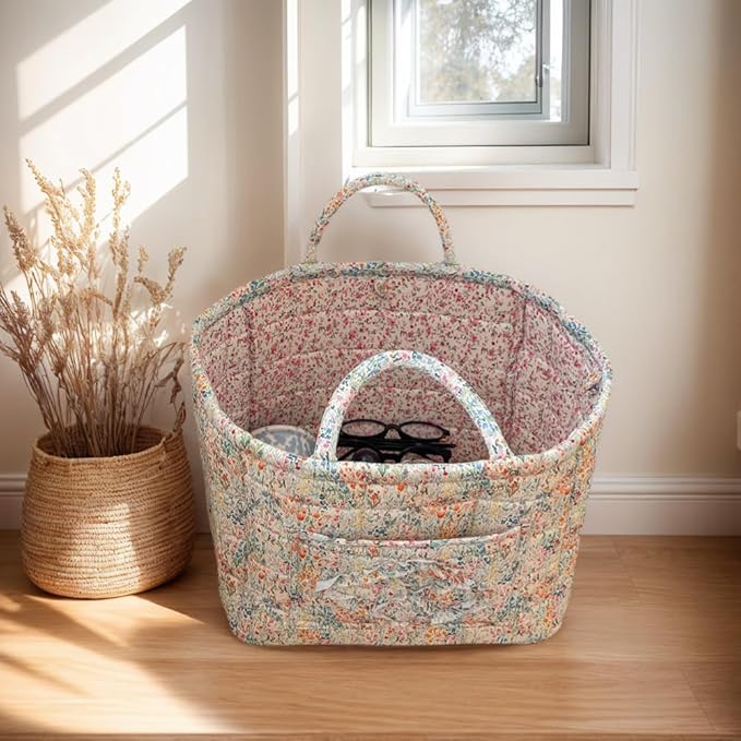 JQWYGB Foldable Laundry Basket Boho Bear Storage Basket Floral Quilted Fabric Car Storage Basket Handles Large Laundry Baskets for Clothes and Dolls