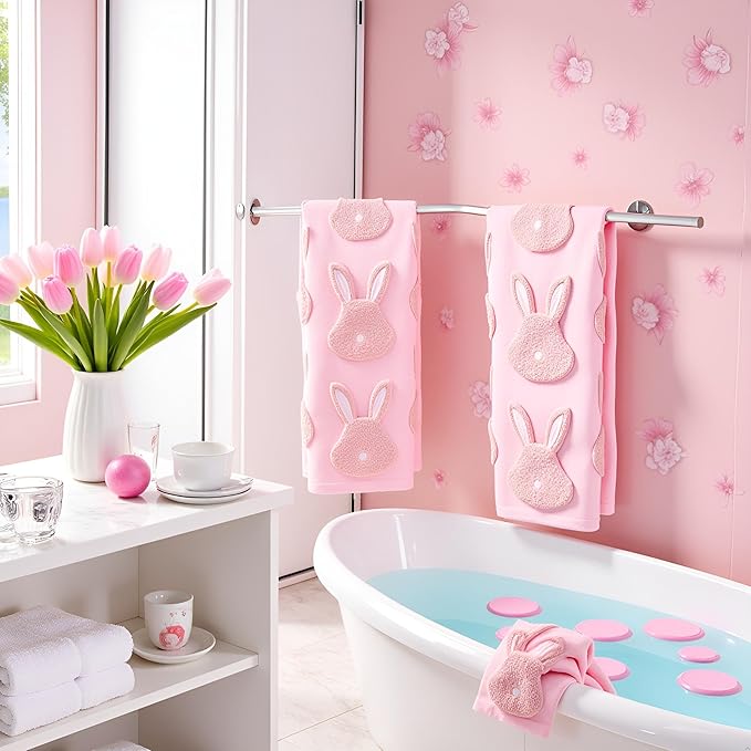 2pcs Easter Bunny Hand Towels Set 100% Cotton Soft Absorbent Spring Bathroom Hand Towels 14x29 Inch Cute Jacquard Easter Kitchen Decor Towels Holiday Kitchen Bathroom Decor Gift(Pink)