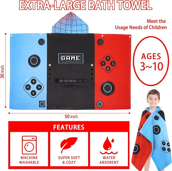 Hooded Towels for Kids- Ultra Soft 100% Cotton Video Game Gamepad Toddler Hood Bath Towels/Pool Terry Towel Beach Poncho Wrap Absorbent Cute Bath & Swim Wrap for Boys & Girls 3-10 Years