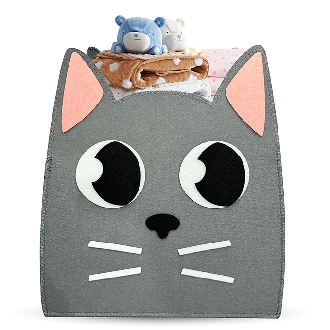 Felt Baby Basket,Cat Shaped Gift Basket Nursery Organizer for Storage Infant Newborn Essentials,Foldable Bathroom and Bedroom Stuff Diaper Toys Baby Vintage Decor with Cute Cat Design