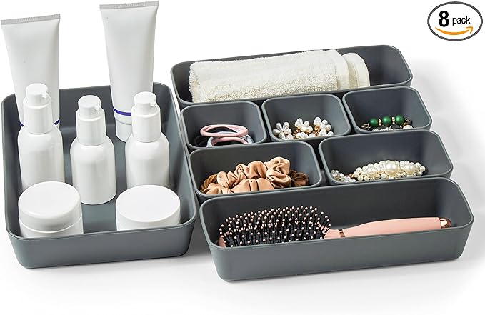 ISSEVE 8Pcs Nesting Silicone Drawer Organizer Trays, 4 Size Versatile Vanity Bathroom & Desk Drawer Organizer Set Storage Bins for Office,Kitchen,Nightstand,Black
