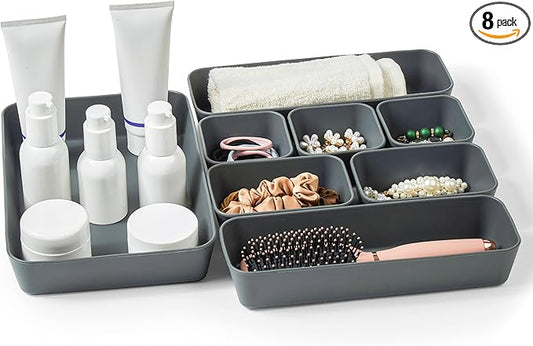 ISSEVE 8Pcs Nesting Silicone Drawer Organizer Trays, 4 Size Versatile Vanity Bathroom & Desk Drawer Organizer Set Storage Bins for Office,Kitchen,Nightstand,Black