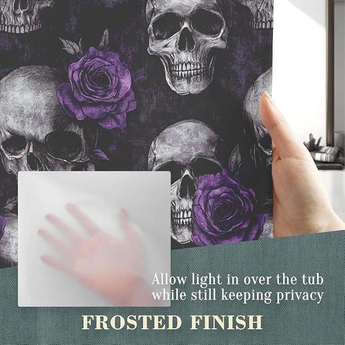 Gothic Skull Bathroom Set, 4-Piece with Shower Curtain 71x71, Bath Mat, Contour Rug, Toilet Lid Cover, Purple Roses Skull Pattern(Purple 2)