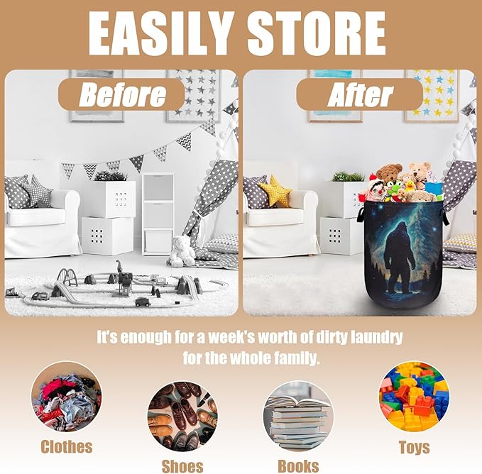 Bigfoot Mountains Laundry Basket, Foldable Waterproof Laundry Hamper Tote Bag Dirty Clothes Storage Bucket Toy Organizer for Bathroom/Laundry/Bedroom 15.7"x19.6"