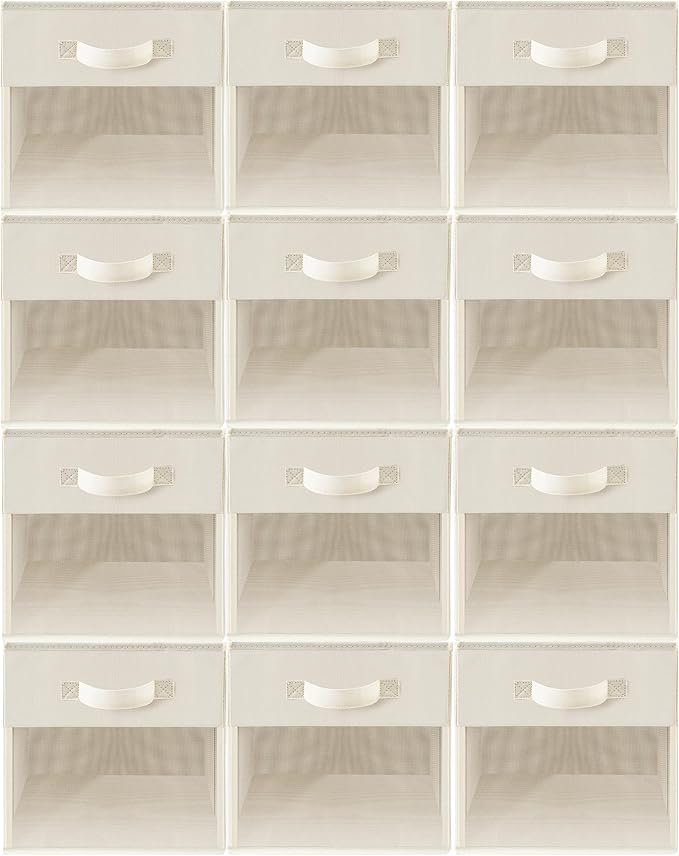 Storage Bins with Clear Window, 11x11 Storage Cubes, Collapsible Cube Storage Box, Fabric Closet Organizers with Handles for Home, Office, Shelf, Closets, Living Room, Beige, 12 Pack