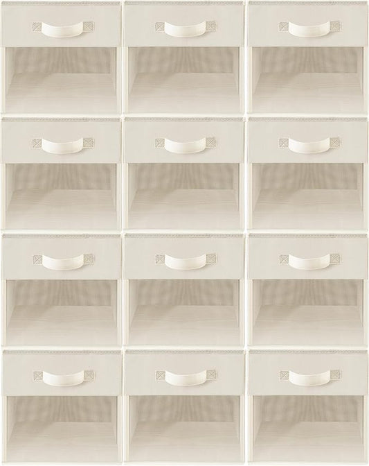 Storage Bins with Clear Window, 11x11 Storage Cubes, Collapsible Cube Storage Box, Fabric Closet Organizers with Handles for Home, Office, Shelf, Closets, Living Room, Beige, 12 Pack