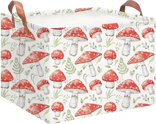 Rectangular Storage Basket Empty,Storage Bin with Handles,Room Decor,Gift Basket,Book Box(Watercolor Mushroom)