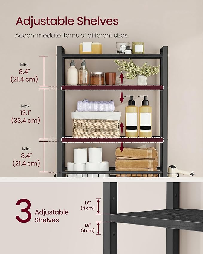 VASAGLE Over The Toilet Storage, Over Toilet Bathroom Organizer with Adjustable Shelves and Basket, 3 Hooks, Space Saving, 9.4 x 23.6 x 68.1 Inches, Ebony Black UBTS114BE01S