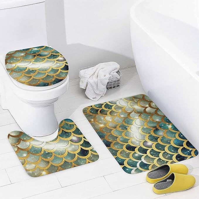4 Piece Bathroom Rug Set with Shower Curtain, Non-Slip Bath Mat Toilet Cover Set, Golden Glittering Fish Scales Bathroom Rug Sets