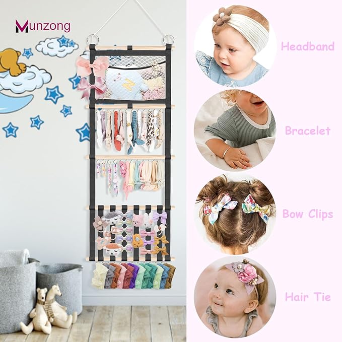 Munzong Headband Holder 52x17 inch, Black Bow Holder for Baby Girls,4 Tier Large Capacity Wall Hanging Headband Shelf w/Mesh Bag,Nursery Hair Accessories Organizer Display Rack for Toddler Kids Women